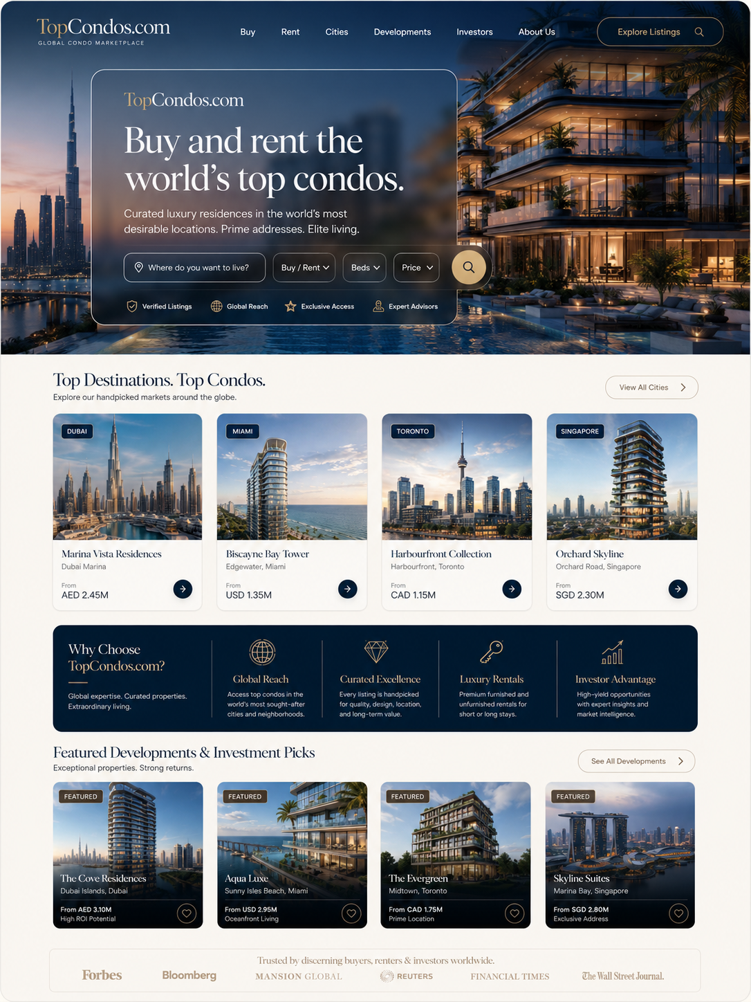 TopCondos.com website mockup showing a luxury condo marketplace with global destinations, featured developments, and investment picks